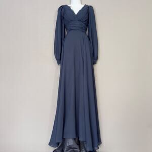 NAVY Blue Long Sleeve Chiffon Plunging Neckline Formal Dress Gown  Size 8